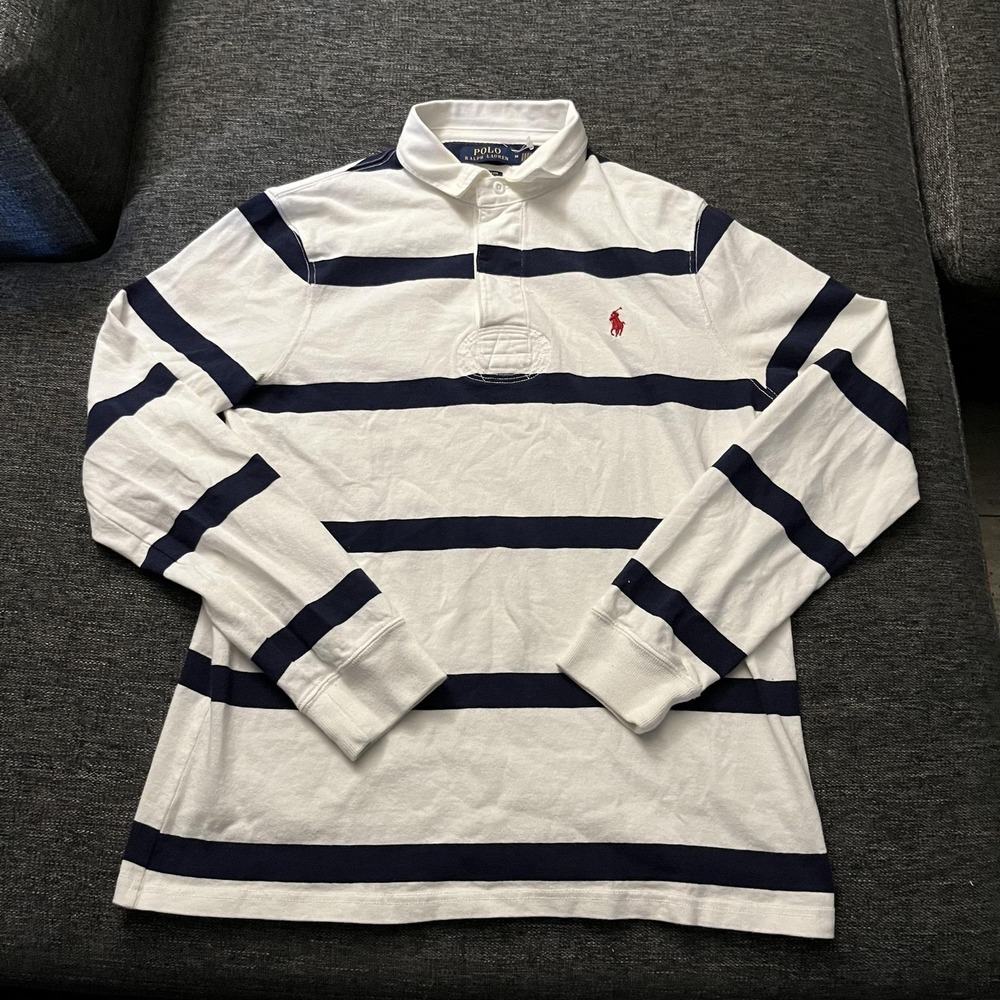 Polo Ralph Lauren Polo Shirt Mens Medium White Navy Stripe Long Sleeve Rugby